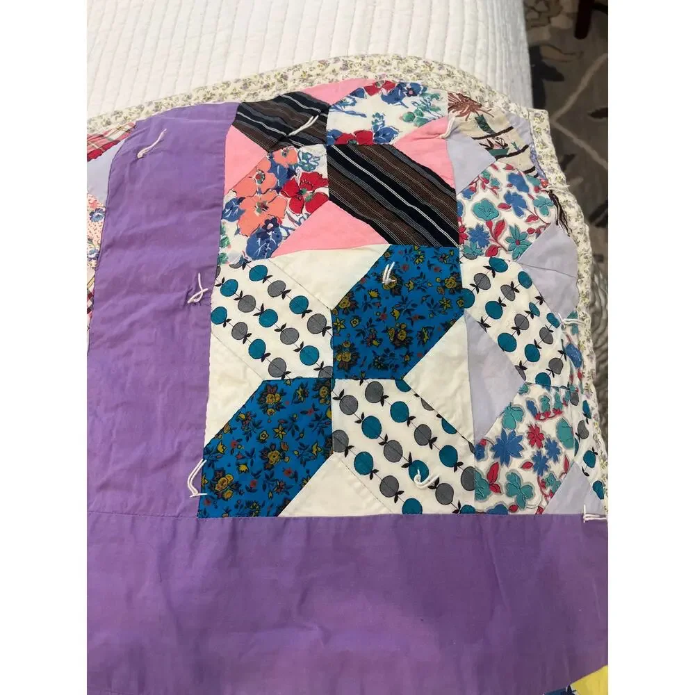 vintage 60-70's handmade patchwork quilt blanket twin size cottage core 6X5